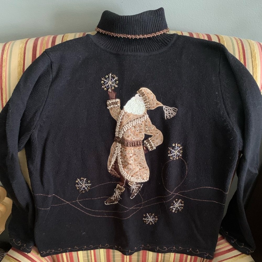 Talbots Black Turtleneck Sweater with Winter Motif medium